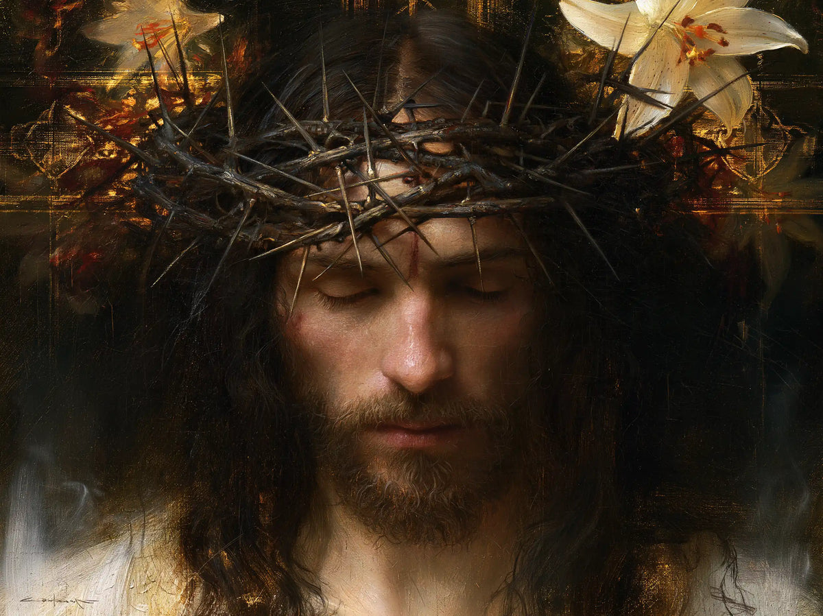 Jesus Crowned with Thorns — Closed Eyes beneath High Blossoms