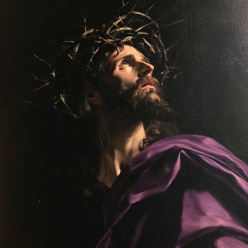 Jesus crowned with thorns in a theatrical Baroque scene in Theatrical Baroque style, square Christian artwork no. 1