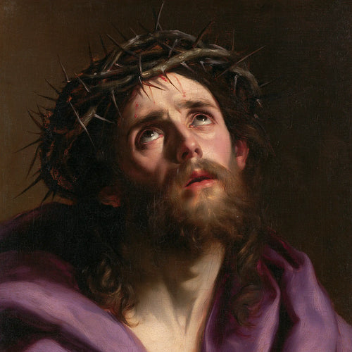 Jesus crowned with thorns in a theatrical Baroque scene in Theatrical Baroque style, square Christian artwork no. 3