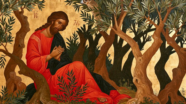 Jesus in Gethsemane — Red among Ochre Trunks