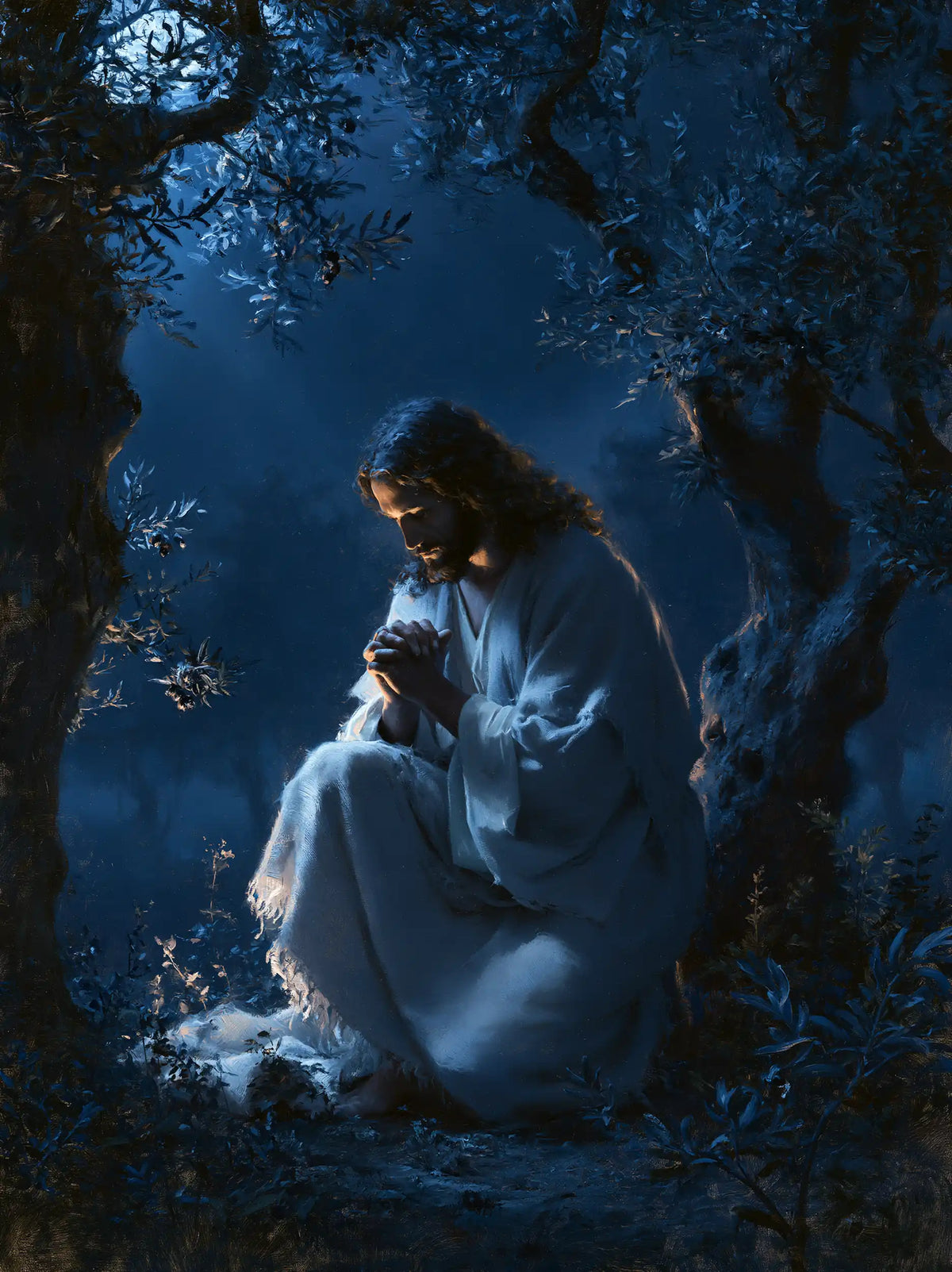 Jesus in Gethsemane — The Brow Gathered in Night Silver