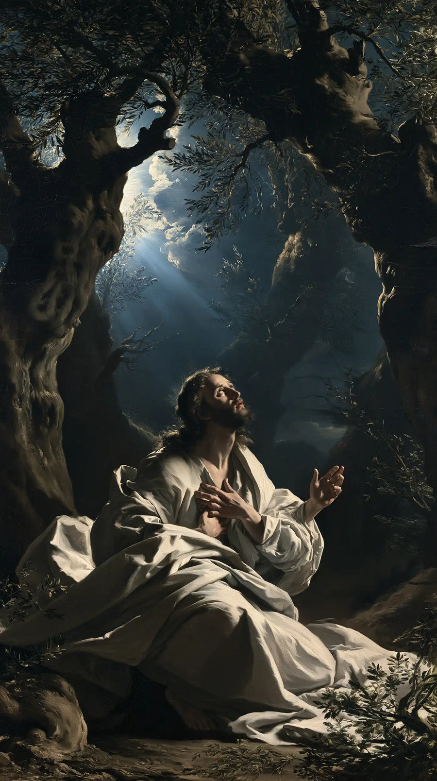 Jesus in Gethsemane — Prayer in Dark Silver Folds