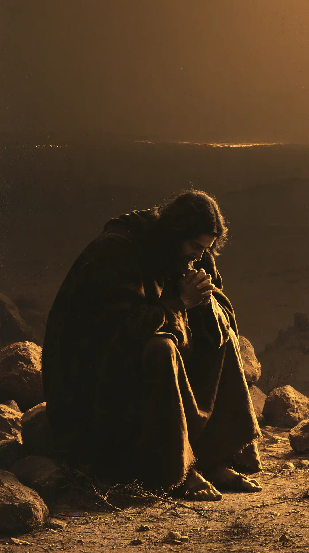 Jesus in the desert during the temptation in Black and Gold style, portrait Christian artwork no. 1