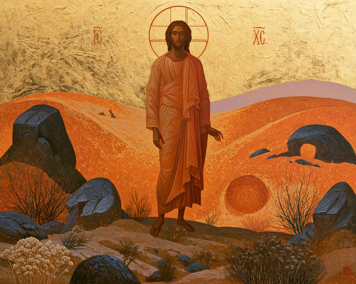 Jesus in the desert during the temptation in Contemporary Byzantine style, landscape Christian artwork no. 5