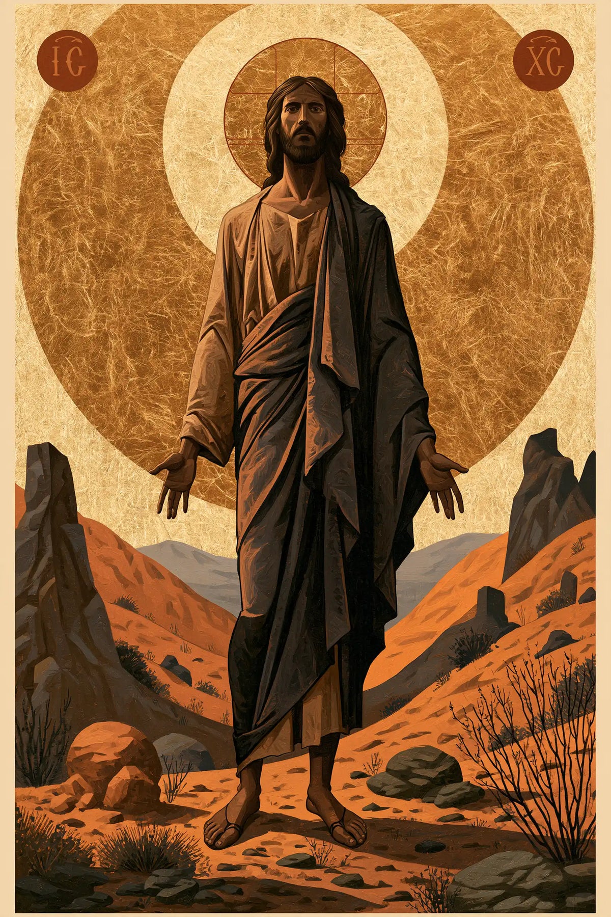 Jesus in the desert during the temptation in Contemporary Byzantine style, portrait Christian artwork no. 30