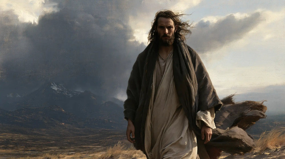 Jesus confronting an inner spiritual struggle in the desert in The Inner Struggle style, landscape Christian artwork no. 14