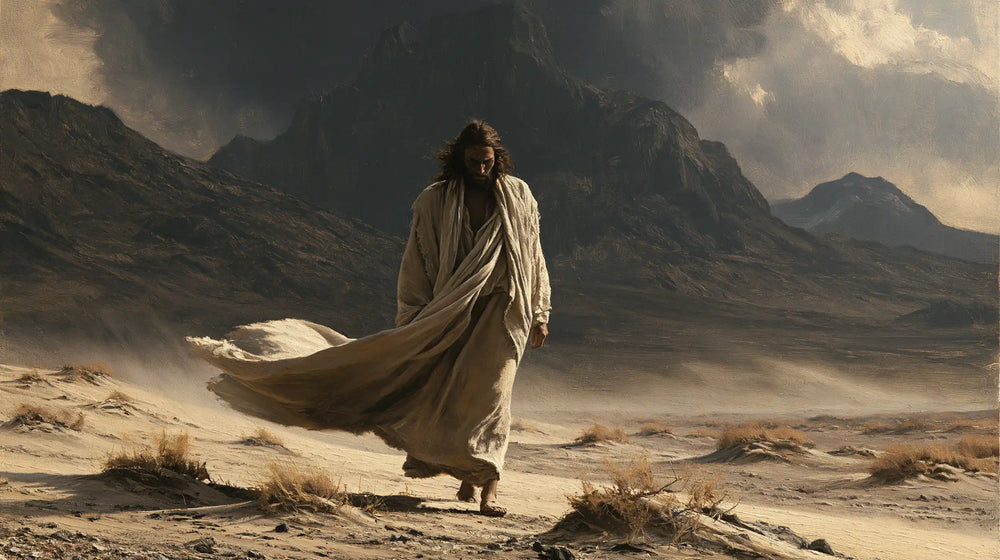 Jesus confronting an inner spiritual struggle in the desert in The Inner Struggle style, landscape Christian artwork no. 16