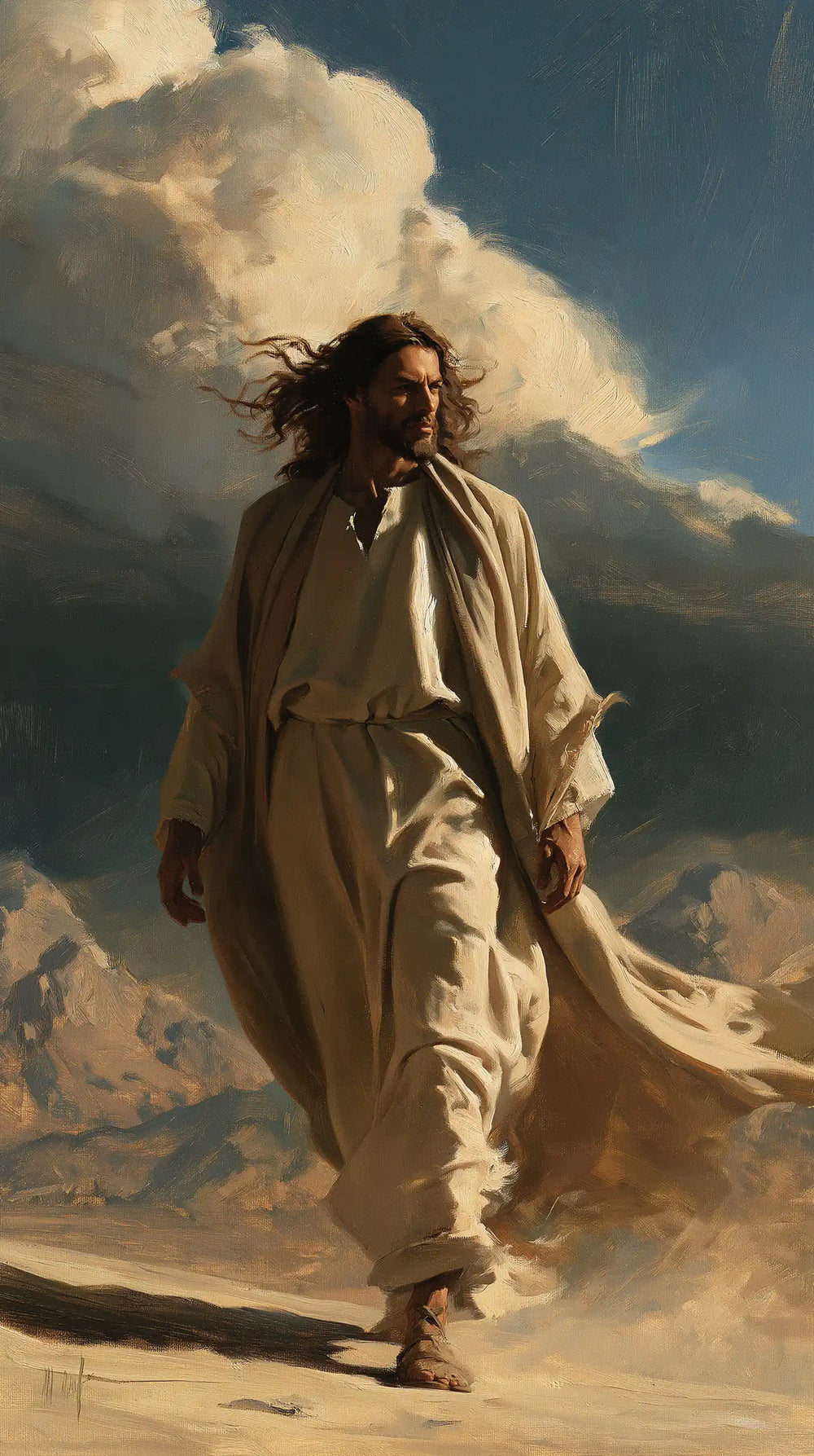 Jesus confronting an inner spiritual struggle in the desert in The Inner Struggle style, portrait Christian artwork no. 5
