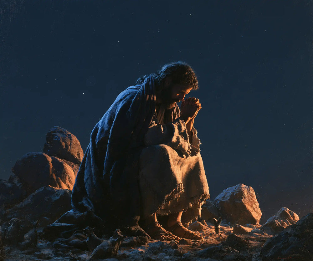 Jesus in the desert during the temptation in Midnight Blue Chiaroscuro style, landscape Christian artwork no. 2