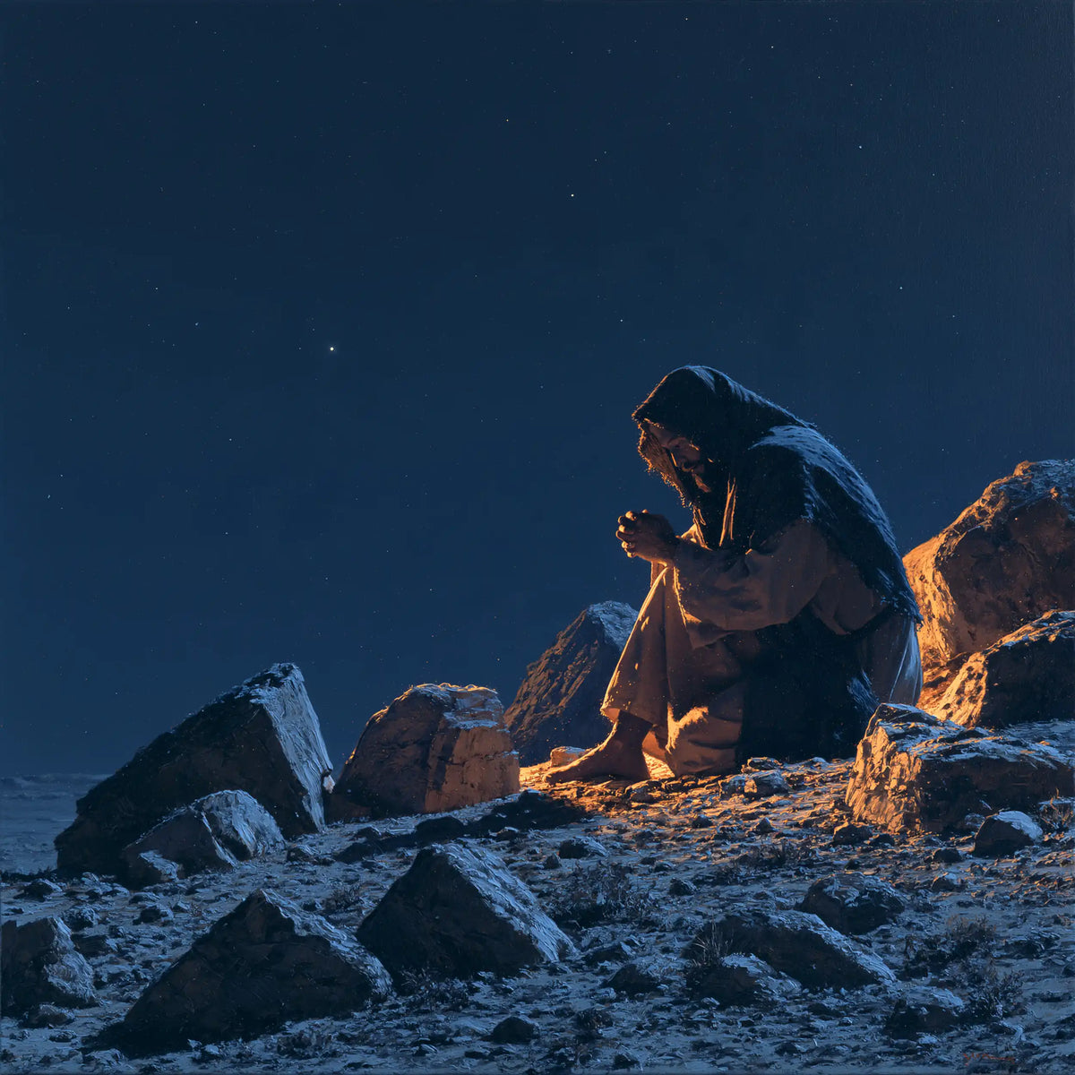 Jesus in the Desert - Midnight Blue Chiaroscuro · Square n° 3