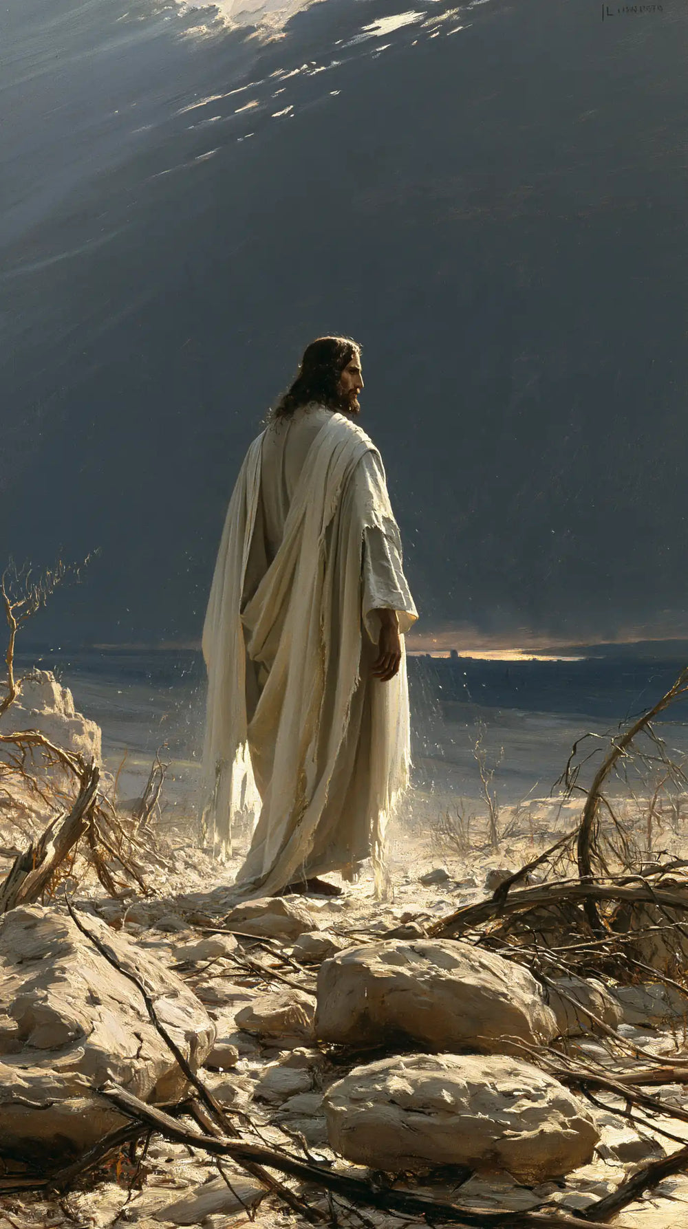 Jesus in the desert during the temptation in Symbolist style, portrait Christian artwork no. 23