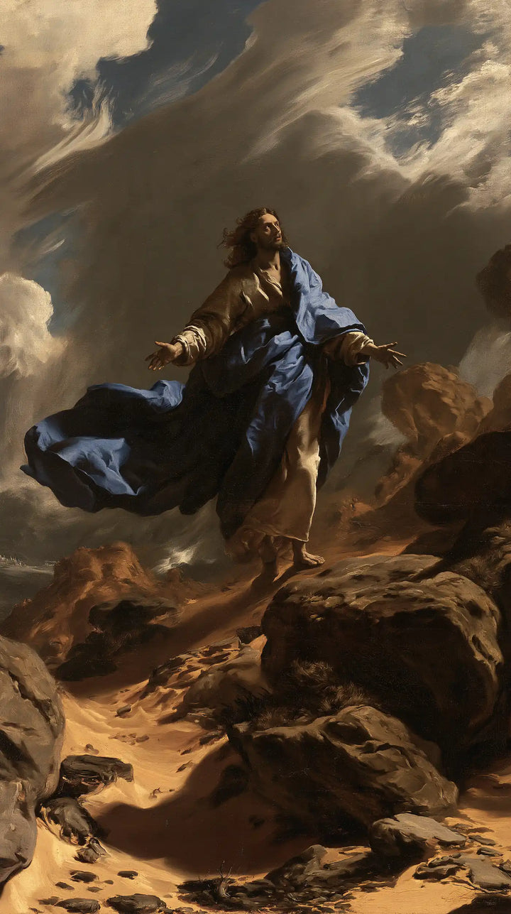 Jesus in the Desert — The Blue Mantle over the Amber Sands