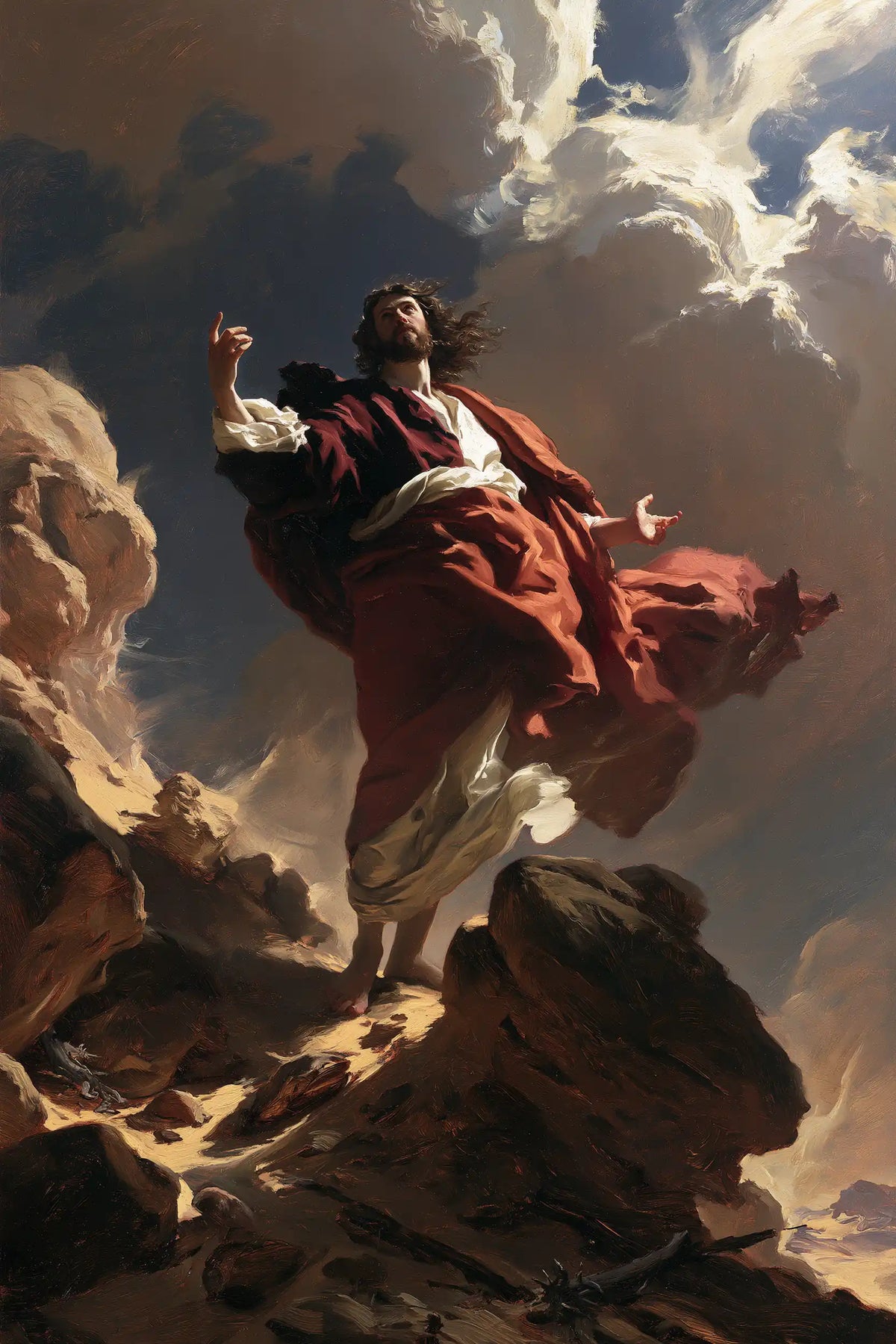 Jesus in the desert during the temptation in Theatrical Baroque style, portrait Christian artwork no. 30