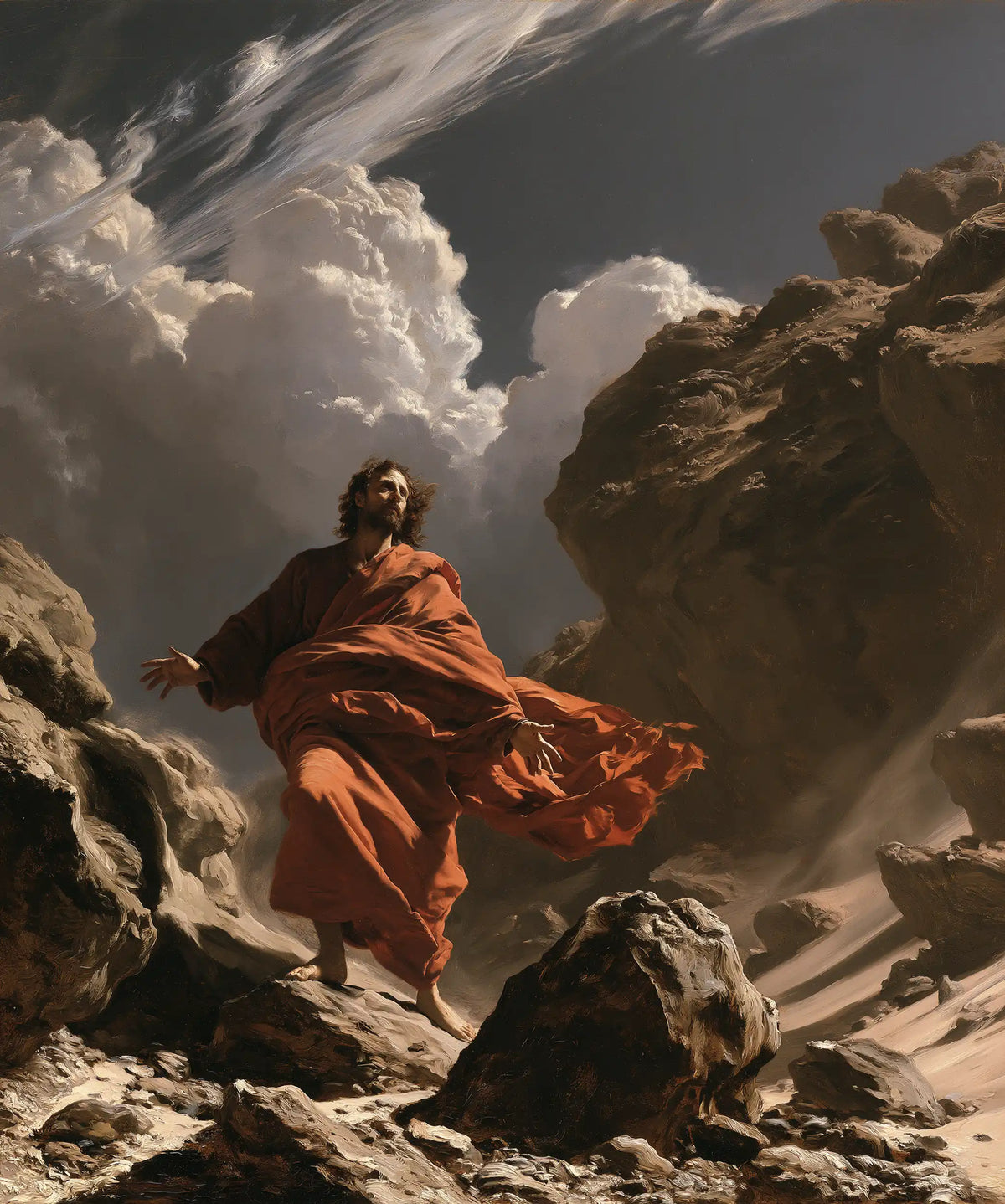 Jesus in the desert during the temptation in Theatrical Baroque style, portrait Christian artwork no. 41