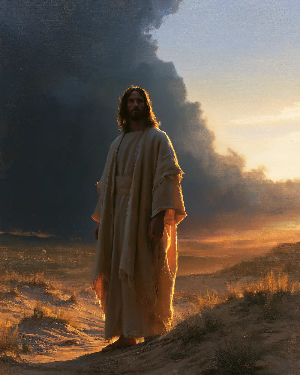 Jesus after his victory over temptation in the desert in Victory Over Temptation style, portrait Christian artwork no. 34