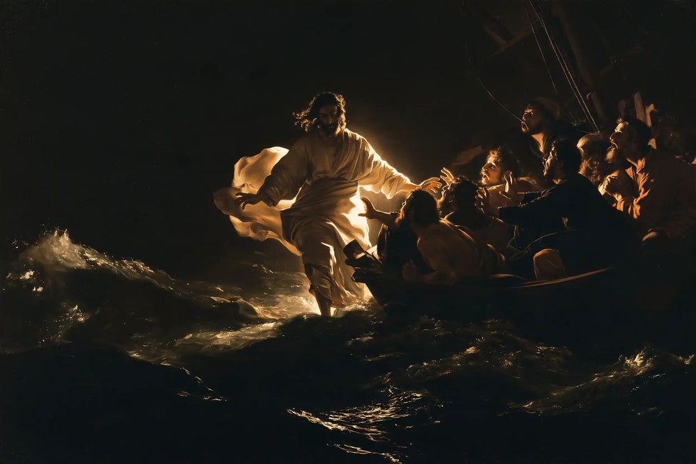 Jesus walking on water in Caravaggio Tenebrism style, landscape Christian artwork no. 7