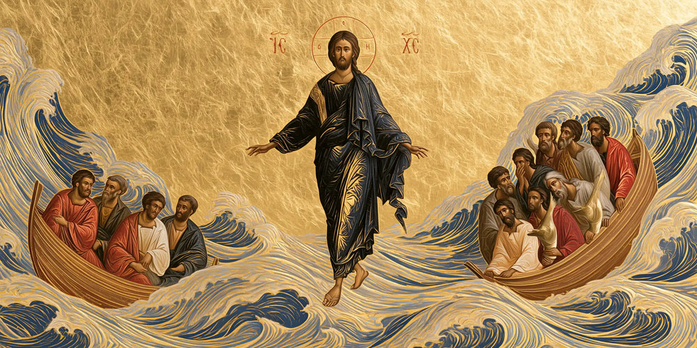 Jesus walking on water in Contemporary Byzantine style, landscape Christian artwork no. 12