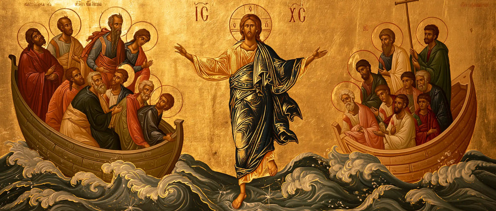 Jesus walking on water in Contemporary Byzantine style, landscape Christian artwork no. 16