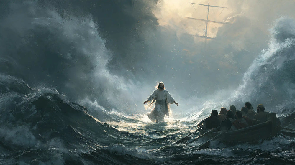 Jesus walking on water in Explosion of Movement style, landscape Christian artwork no. 13