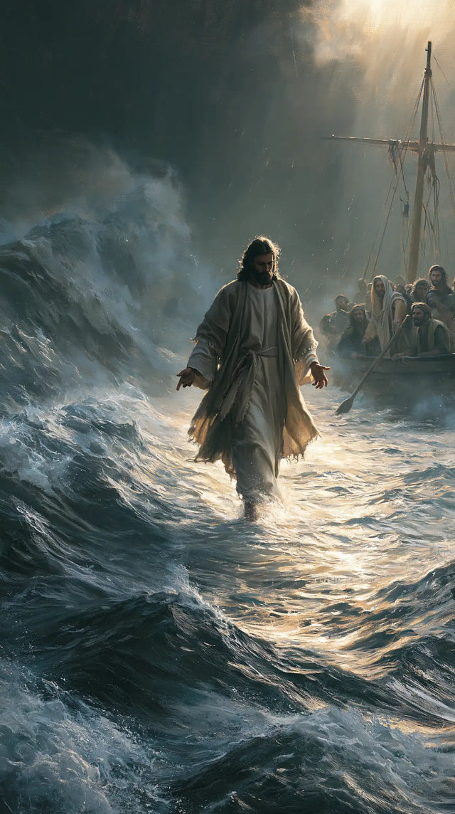 Jesus Walking on Water — The Bright Wake beneath the Distant Mast