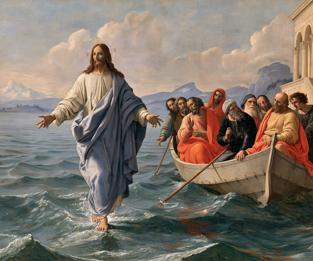Jesus walking on water in Florentine Renaissance style, landscape Christian artwork no. 3