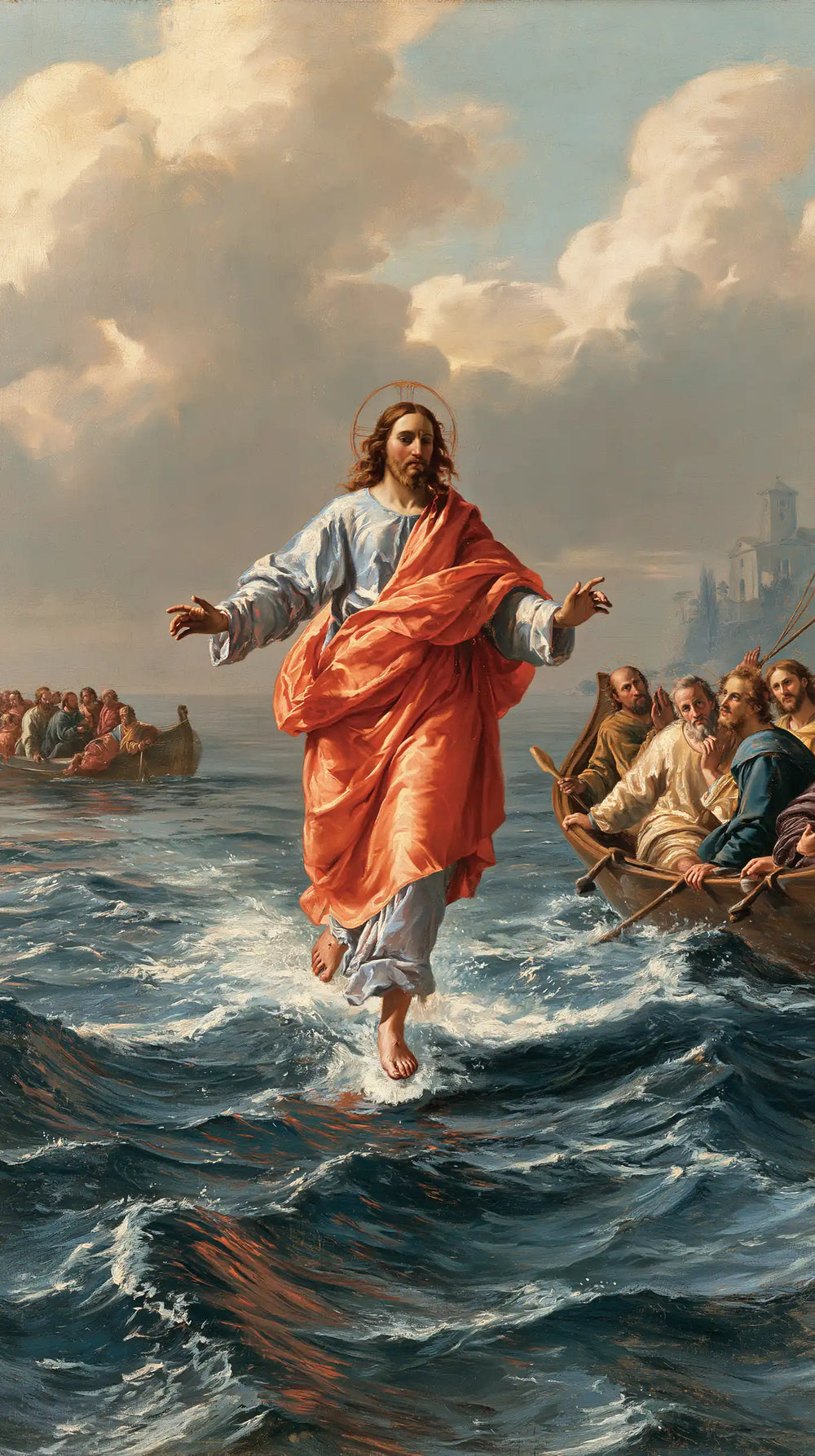 Jesus walking on water in Florentine Renaissance style, portrait Christian artwork no. 14