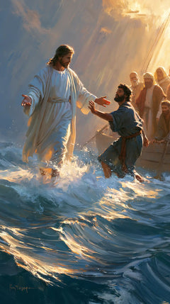 Jesus Walking on Water — The First Stride beneath Slanting Rays