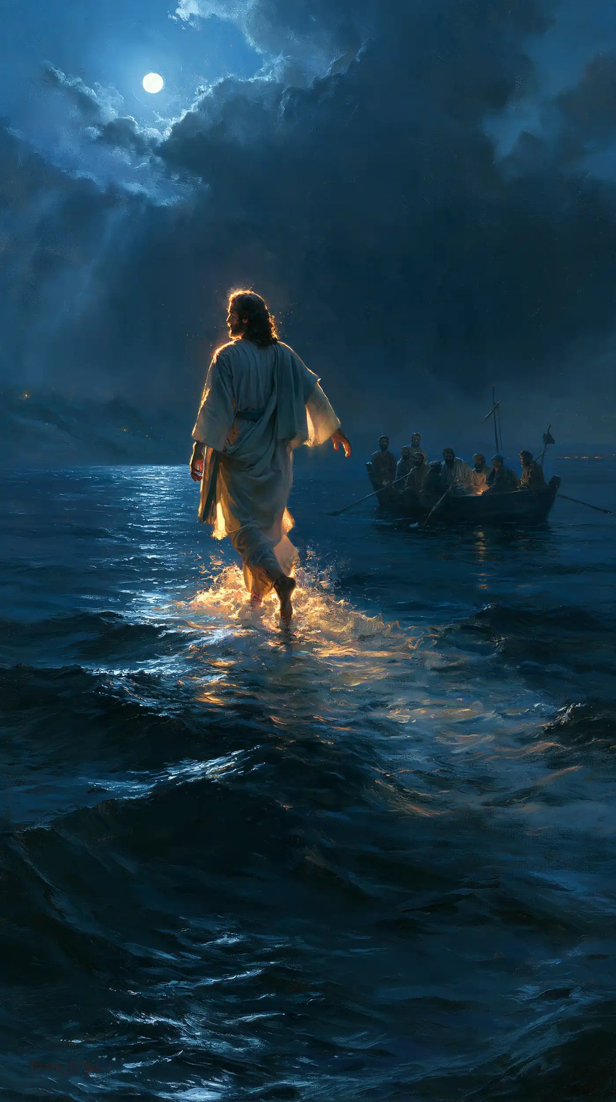 Jesus Walking on Water — The Glow of Feet beneath Midnight Clouds