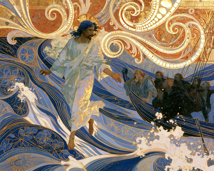 Jesus Walking on Water — Pale Blue above Embroidered Waves