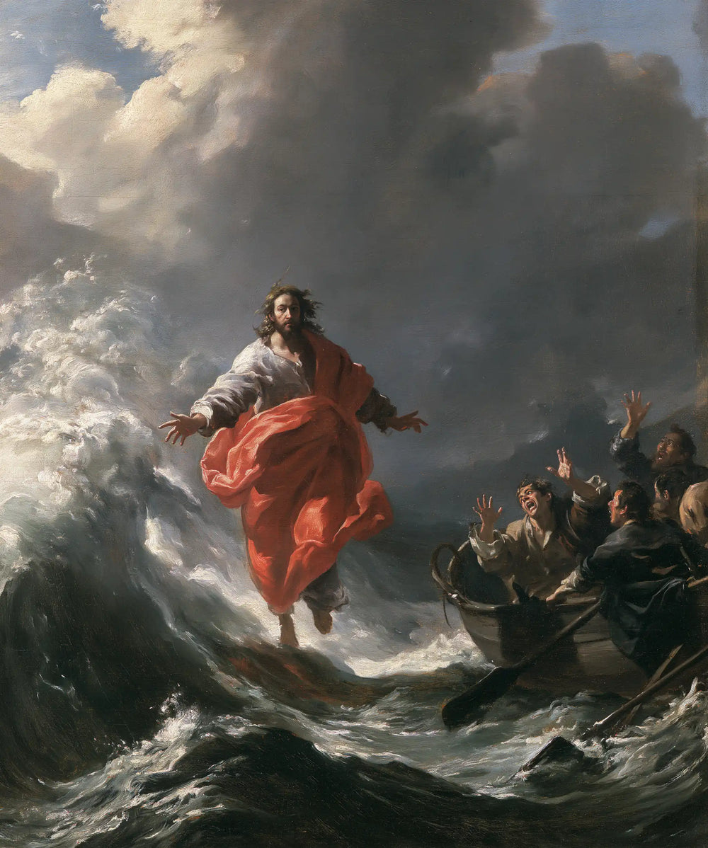 Jesus walking on water in Theatrical Baroque style, portrait Christian artwork no. 13