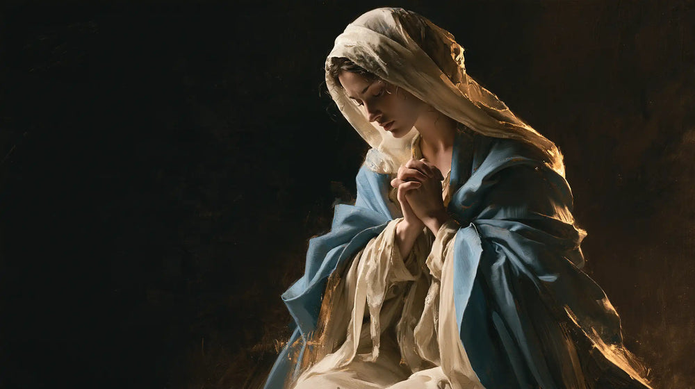 the Virgin Mary in prayer in Black and Gold style, landscape Christian artwork no. 14