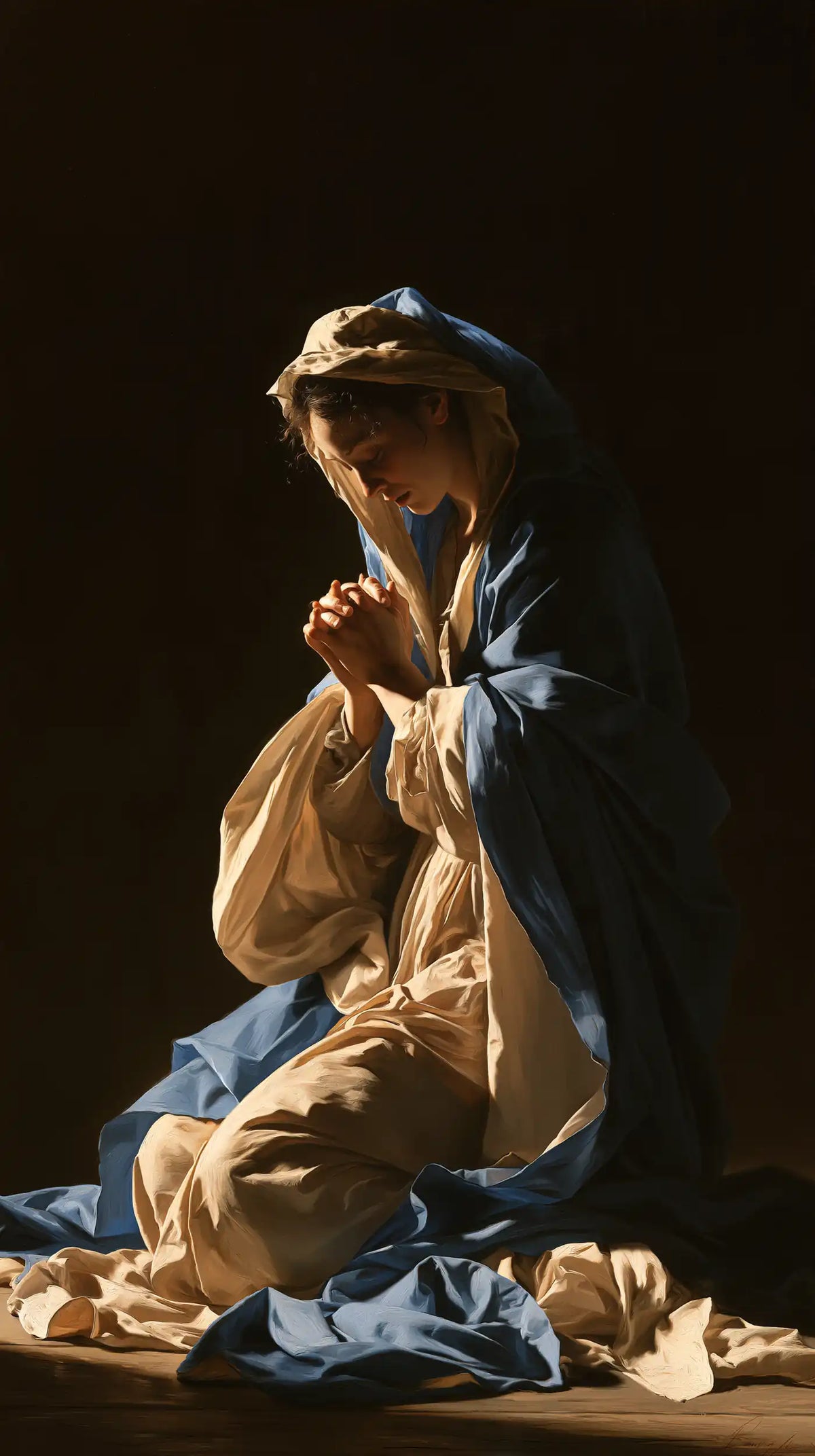 the Virgin Mary in prayer in Caravaggio Tenebrism style, portrait Christian artwork no. 16