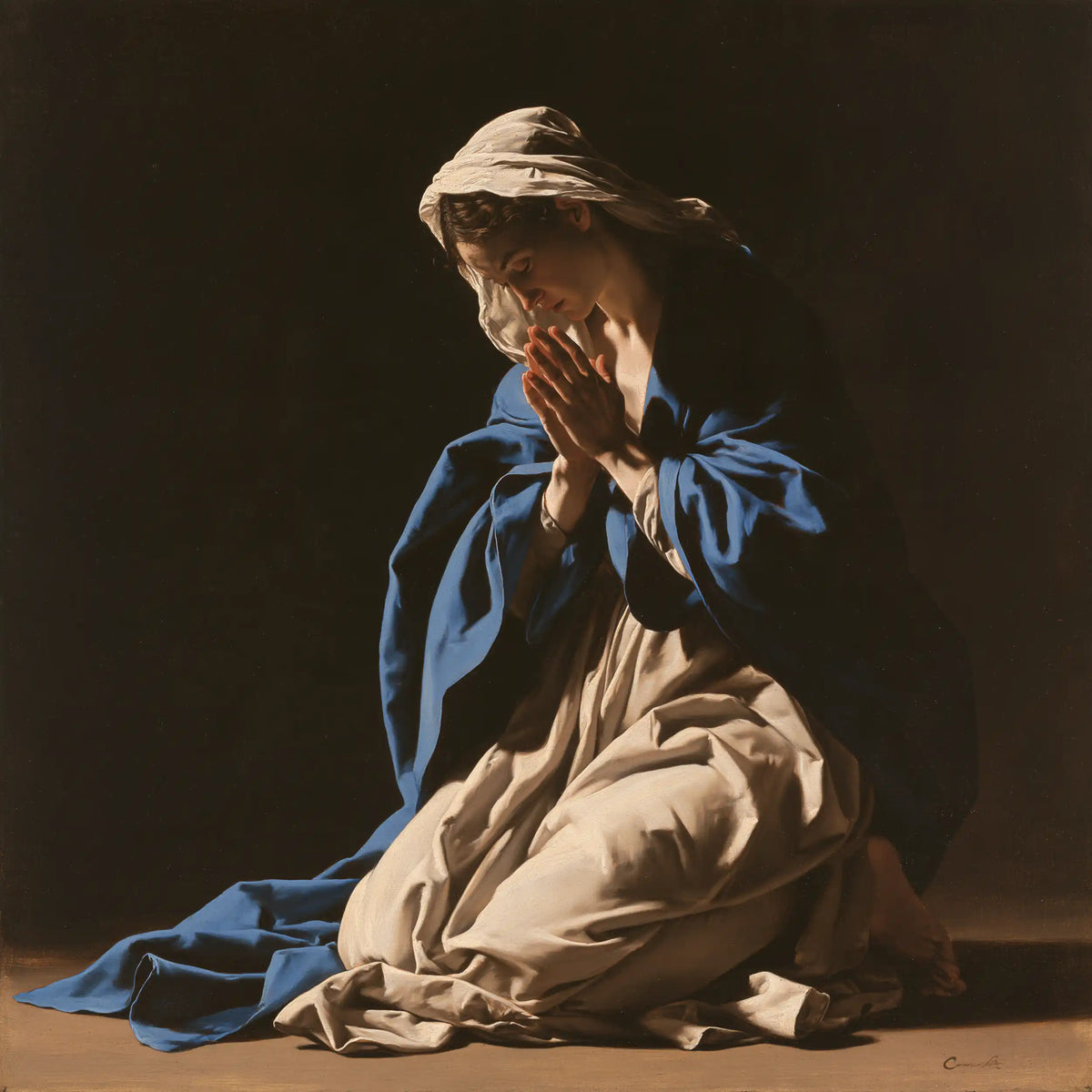the Virgin Mary in prayer in Caravaggio Tenebrism style, square Christian artwork no. 1