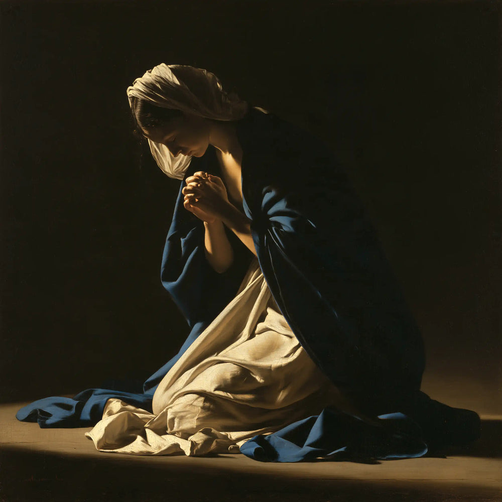 the Virgin Mary in prayer in Caravaggio Tenebrism style, square Christian artwork no. 4