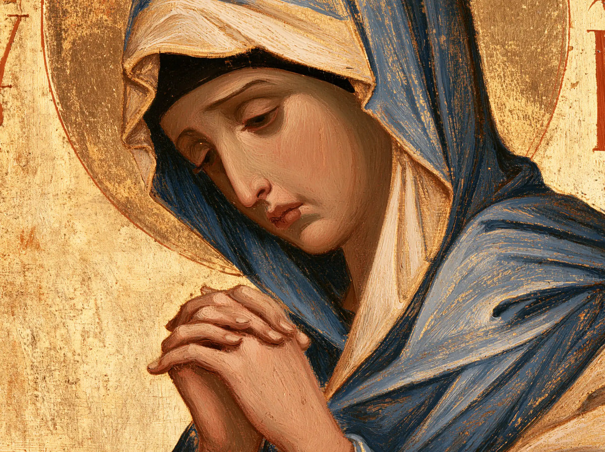 Virgin Mary in Prayer — The Face Bowed into Gold