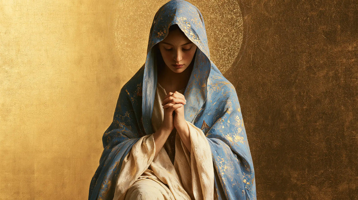 Virgin Mary in Prayer — The Pale Knee beneath Golden Flowers