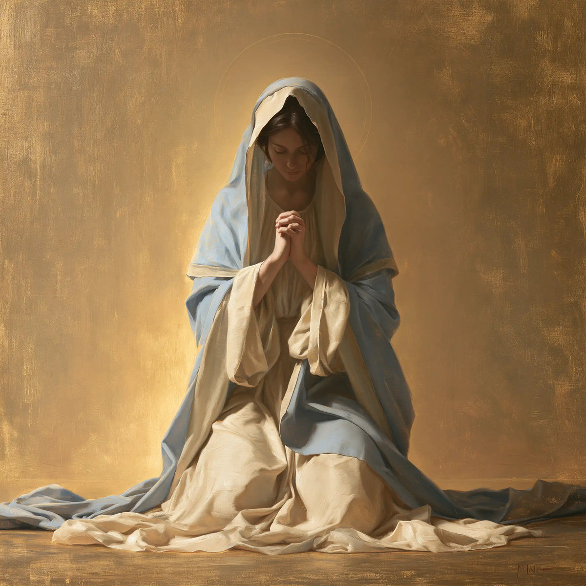 Virgin Mary in Prayer — Presence in the Golden Haze