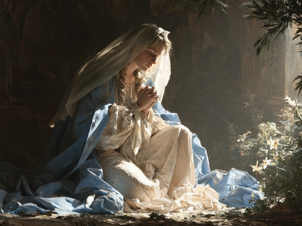 the Virgin Mary in prayer in Florentine Renaissance style, landscape Christian artwork no. 13