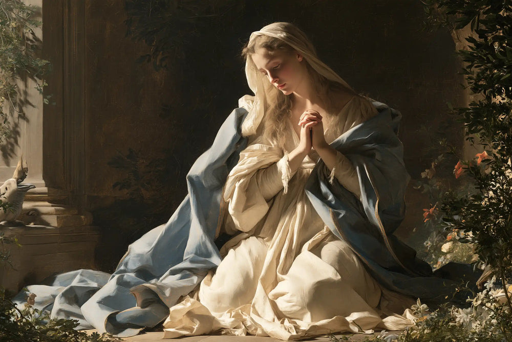 the Virgin Mary in prayer in Florentine Renaissance style, landscape Christian artwork no. 16