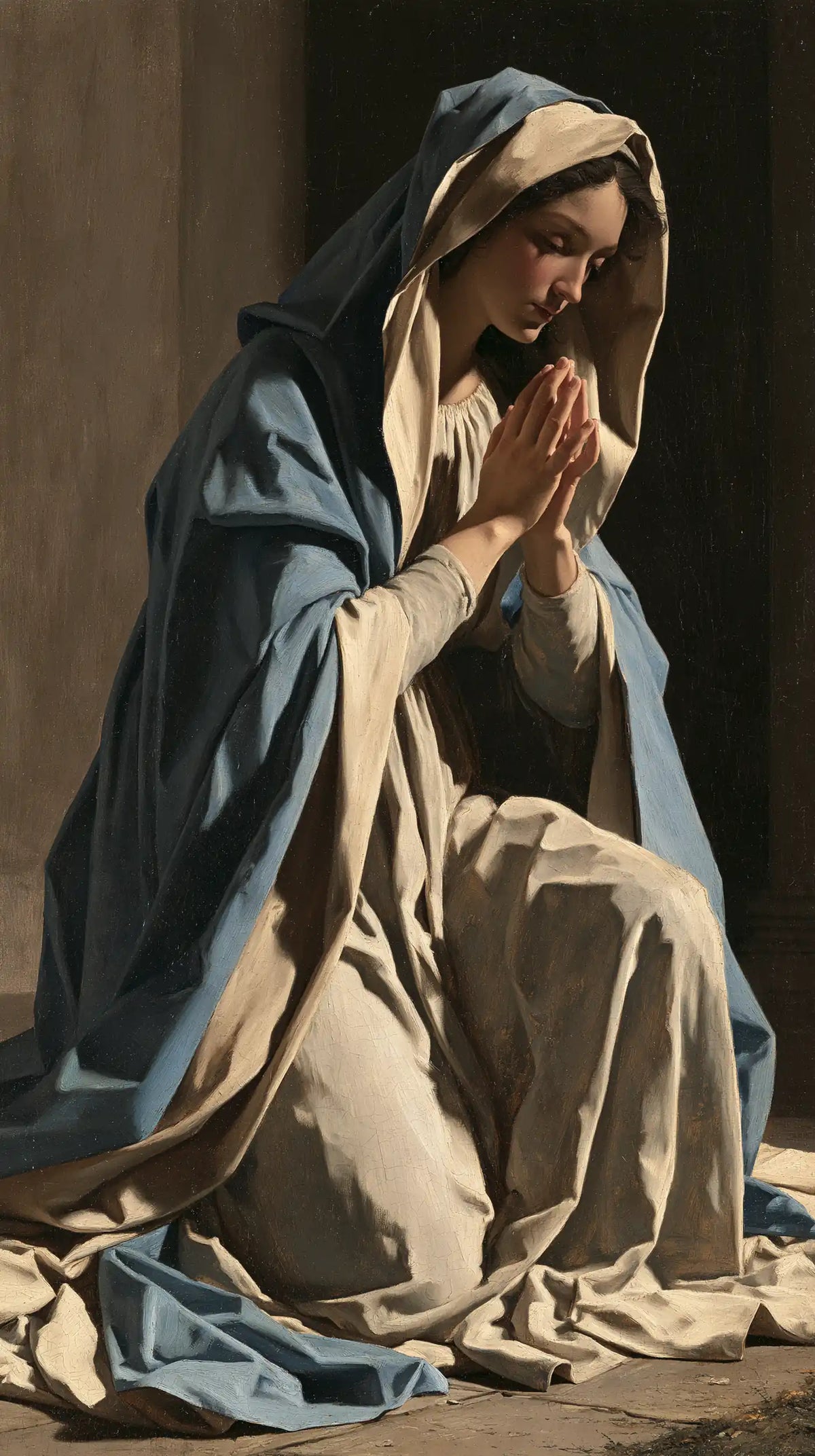 Virgin Mary in Prayer — The Lit Knee at the Dark Threshold