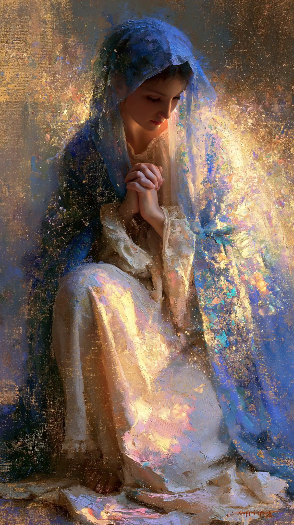 Virgin Mary in Prayer — Indigo in Golden Dust