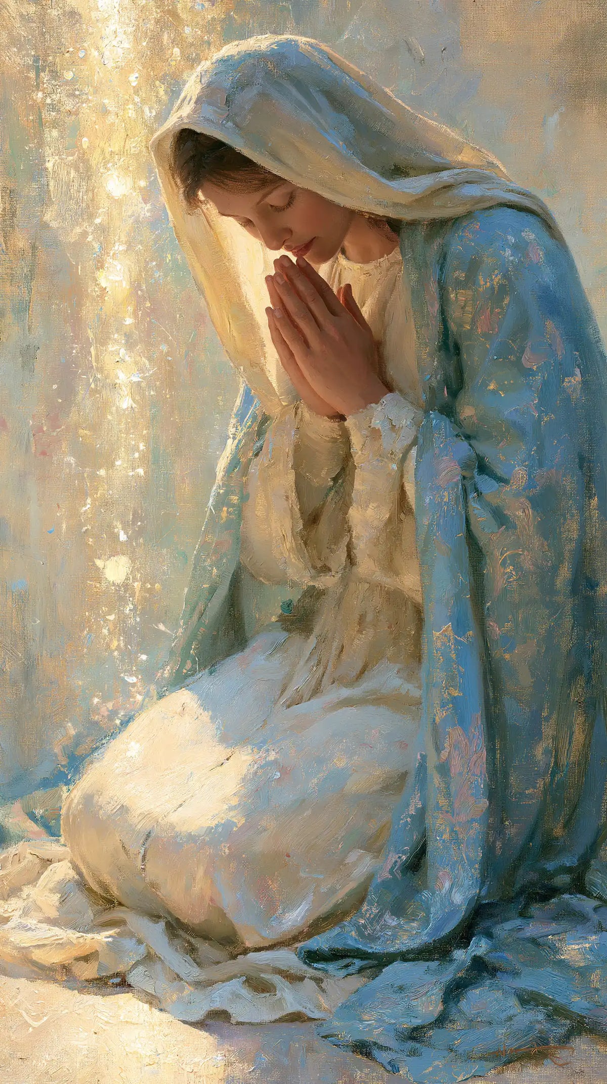 Virgin Mary in Prayer — The Gentle Bow in Turquoise
