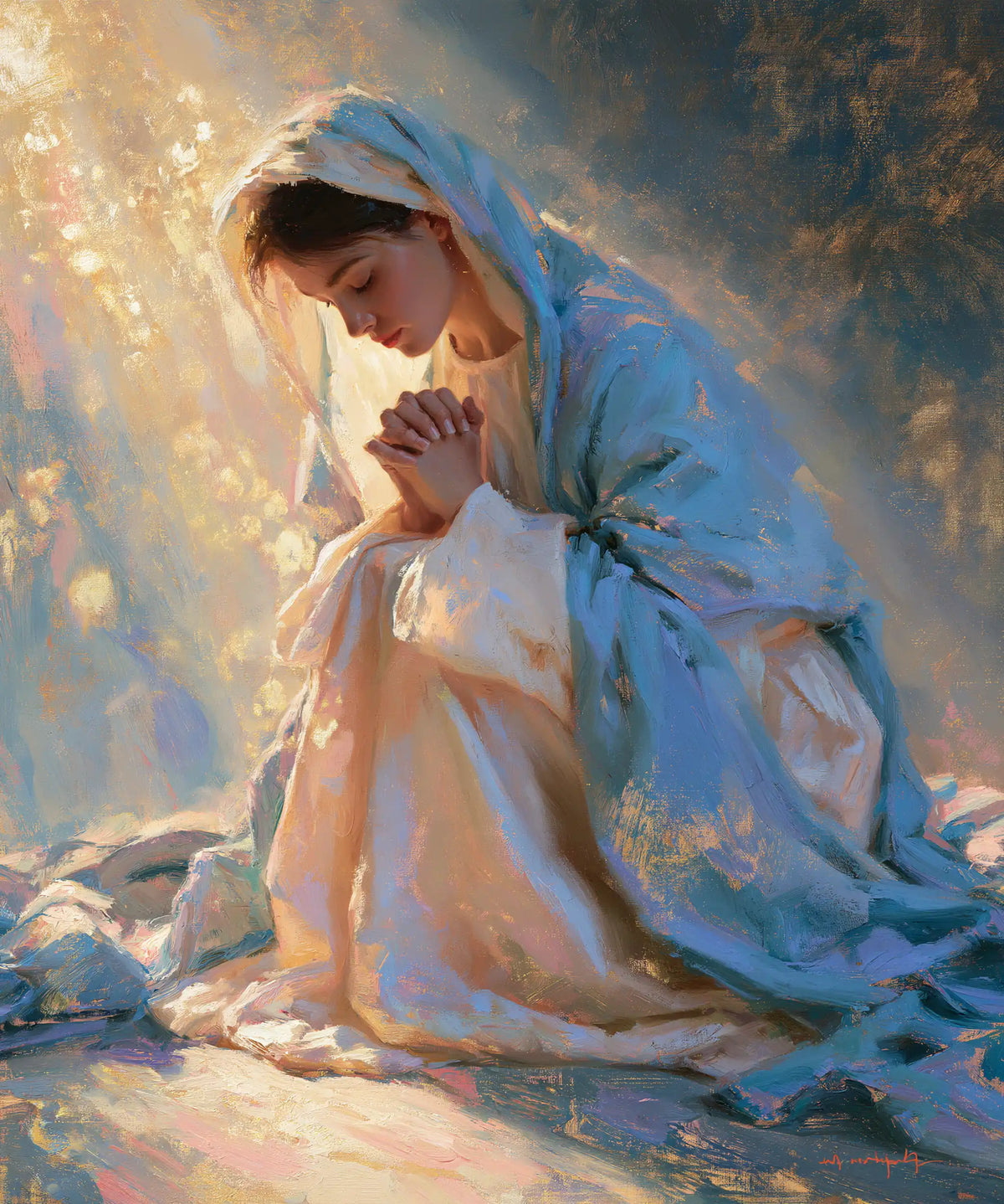 Virgin Mary in Prayer — Prayer in Rose and Sky Blue