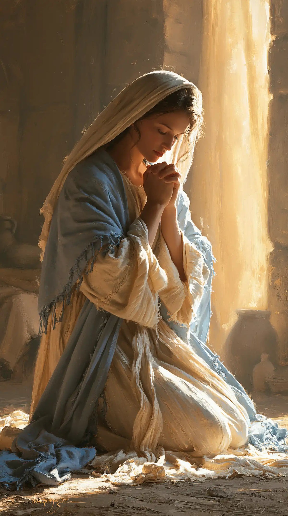 the Virgin Mary praying in a biblical-era interior in Mary in a Biblical Interior style, portrait Christian artwork no. 3