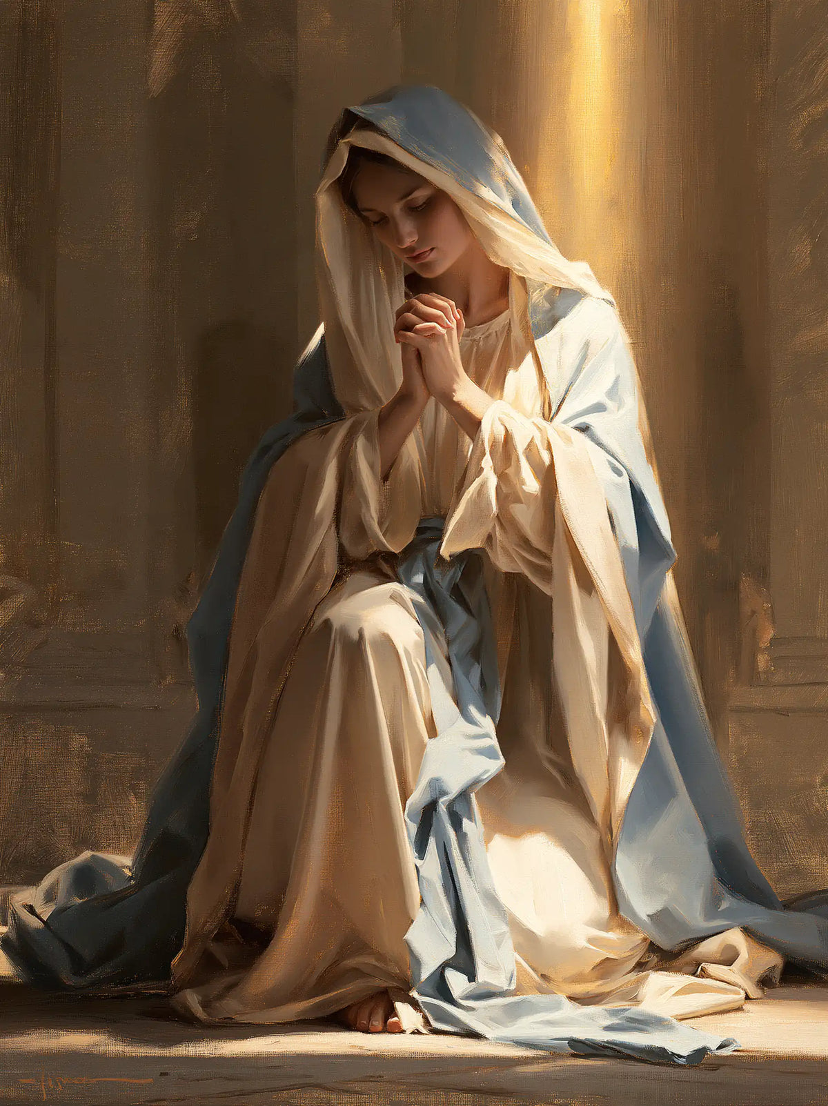 the Virgin Mary praying in a biblical-era interior in Mary in a Biblical Interior style, portrait Christian artwork no. 22