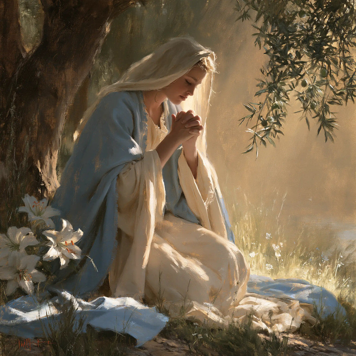 the Virgin Mary praying in a sacred garden in Mary in a Sacred Garden style, square Christian artwork no. 4