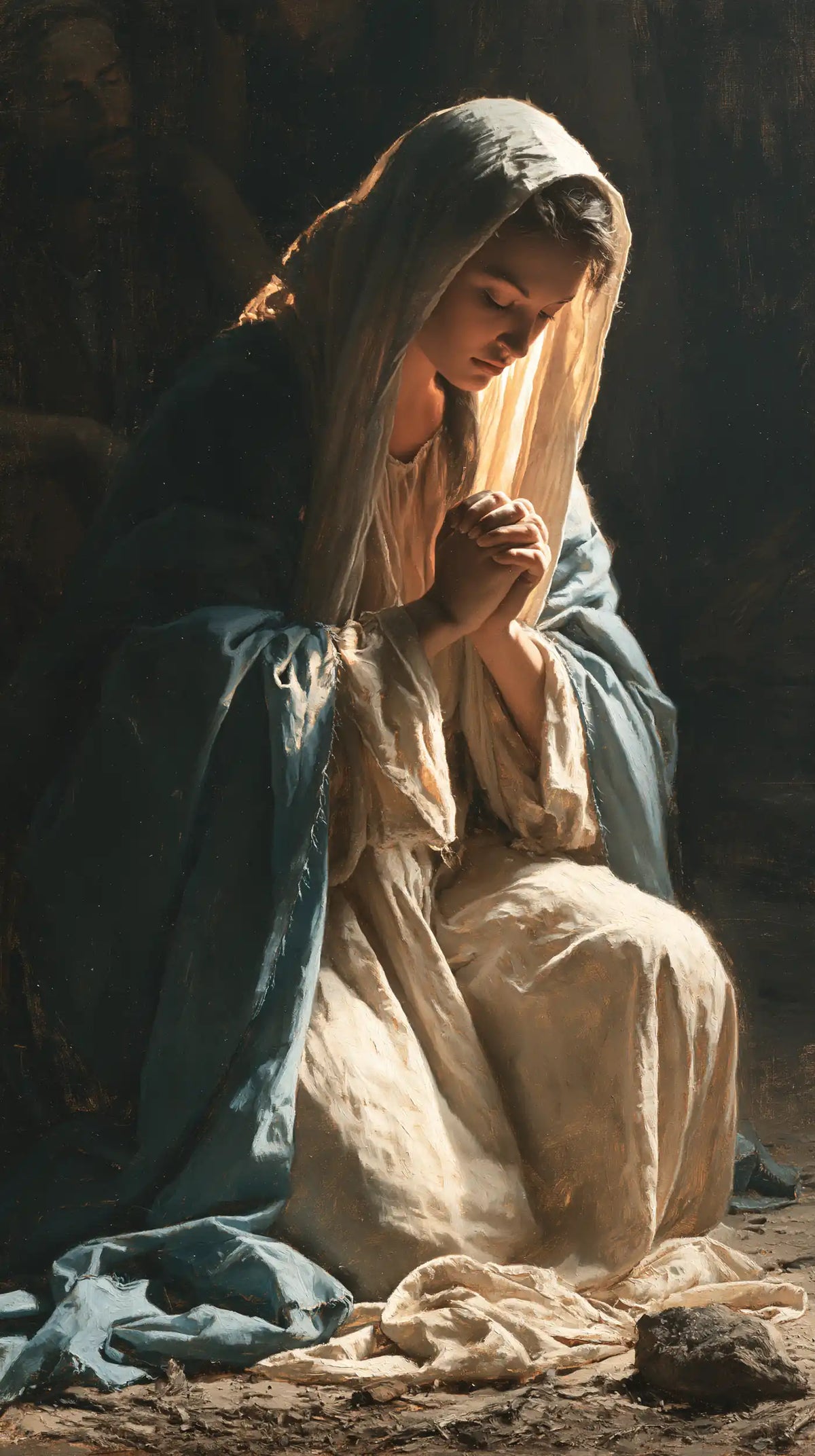 Virgin Mary in Prayer — Blue-Green in the Silence of Stone