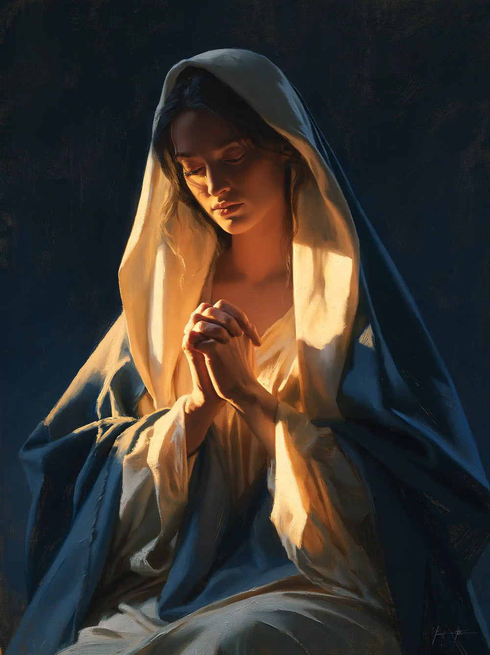 the Virgin Mary in prayer in Midnight Blue Chiaroscuro style, portrait Christian artwork no. 13