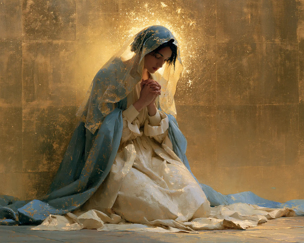 the Virgin Mary in prayer in Sacred Gold style, landscape Christian artwork no. 9