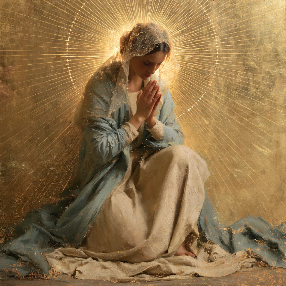 the Virgin Mary in prayer in Sacred Gold style, square Christian artwork no. 2